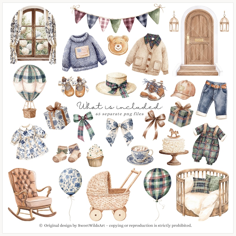 May include: Watercolor illustrations of baby items and nursery decor, including a rocking chair, crib, clothes, and a hot air balloon. The image includes a text that says "What is included 65 separate png files".