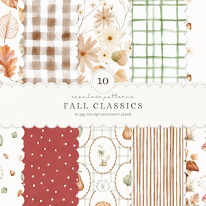 Puede incluir: Una colección de 10 patrones digitales sin costuras titulada FALL CLASSICS, que presenta ilustraciones en acuarela de hojas de otoño, calabazas, setas, cuadros, rayas y motivos florales en tonos marrón, verde, rojo y crema.