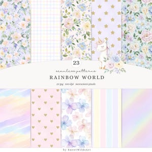Może przedstawiać: Kolekcja 23 bezszwowych wzorów w pastelowych kolorach. Zawiera wzory kwiatowe, w kratkę i serca, a także ilustrację jednorożca. Tekst "RAINBOW WORLD" i inne szczegóły są zawarte. Obraz ma wymiary 3600x3600 pikseli.