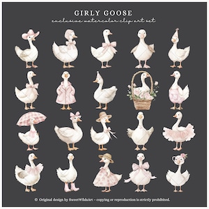 May include: Watercolor illustrations of white geese, each with unique accessories such as hats, bows, and dresses. Some geese hold items like umbrellas and baskets. The text "GIRLY GOOSE" is at the top of the image.