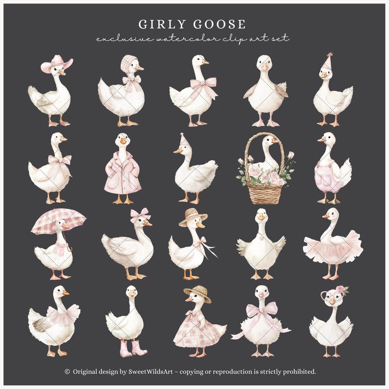 May include: Watercolor illustrations of white geese, each with unique accessories such as hats, bows, and dresses. Some geese hold items like umbrellas and baskets. The text "GIRLY GOOSE" is at the top of the image.