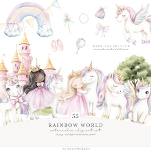 Puede incluir: Conjunto de imágenes prediseñadas de acuarela con unicornios, princesas, un castillo y un arcoíris. La imagen incluye el texto "RAINBOW WORLD" y "KIDS COLLECTION". Las ilustraciones son en colores pastel suaves.