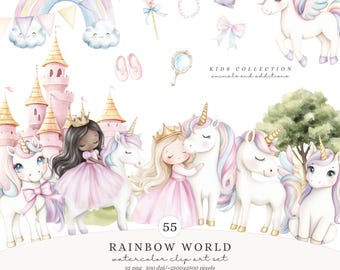 Rainbow World Watercolor Clipart Set | Cute Unicorns & Princess Digital Download