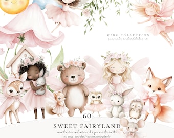 Watercolor Sweet Fairyland Clipart Set, Cute Pink Fairy Clipart, Animals PNG, Baby Fairy PNG, Unicorn, Bunny, Deer, Magical Nusery Clipart