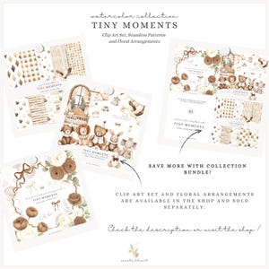May include: A digital clip art set featuring watercolor illustrations of bears, bunnies, and floral arrangements in brown, beige, and white tones. The set includes 85 elements, including seamless patterns and clip art. The text "TINY MOMENTS" appears throughout the image.