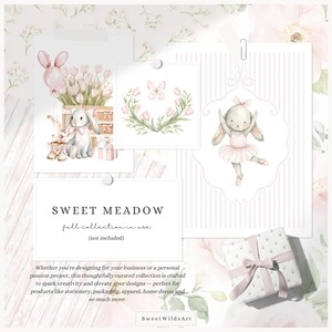 May include: A collection of watercolor illustrations with a soft, pastel color palette. The images include a bunny, tulips, a butterfly, and a ballerina bunny. The text "SWEET MEADOW" is displayed, along with the text "full collection in use (not included)".