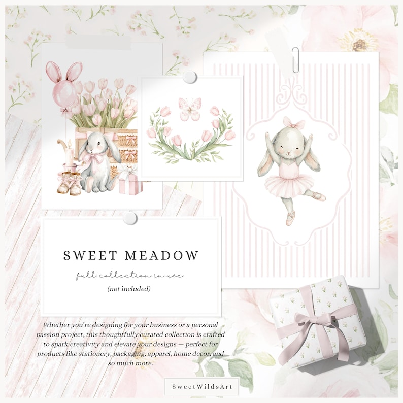 May include: A collection of watercolor illustrations with a soft, pastel color palette. The images include a bunny, tulips, a butterfly, and a ballerina bunny. The text "SWEET MEADOW" is displayed, along with the text "full collection in use (not included)".