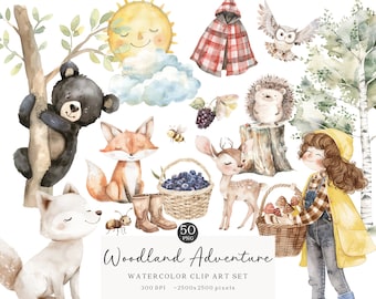 Watercolor Woodland Animals Clipart, Boho Nursery (Digital Download)