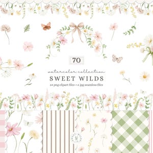 Op de afbeelding: Een aquarelcollectie getiteld "SWEET WILDS" met bloemelementen, vlinders en achtergronden met patronen. De afbeelding bevat verschillende bloemen, strikken en decoratieve randen in zachte pastelkleuren. De tekst geeft 70 elementen, 64 PNG clipart bestanden en 6 naadloze JPG bestanden aan.