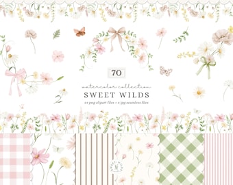 Watercolor Wild Flowers Clipart, Meadow Floral PNG, Coquette Baby Shower Elements (Digital Download)