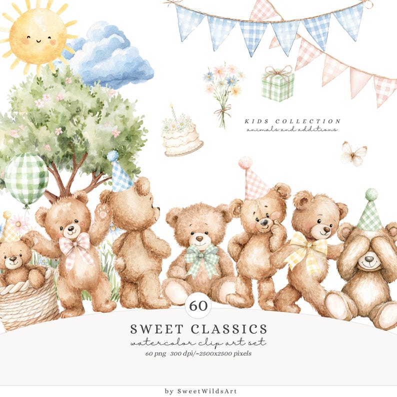 Watercolor Teddy Bear Clipart, Pastel Birthday Bears Toys Clipart, Cute ...