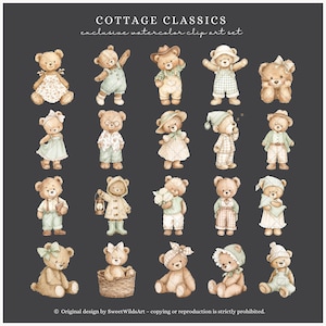 May include: Watercolor clip art set featuring 20 teddy bears in various outfits and poses. The bears are dressed in outfits such as overalls, dresses, hats, and pajamas. The text "COTTAGE CLASSICS" and "exclusive watercolor clip art set" is at the top.
