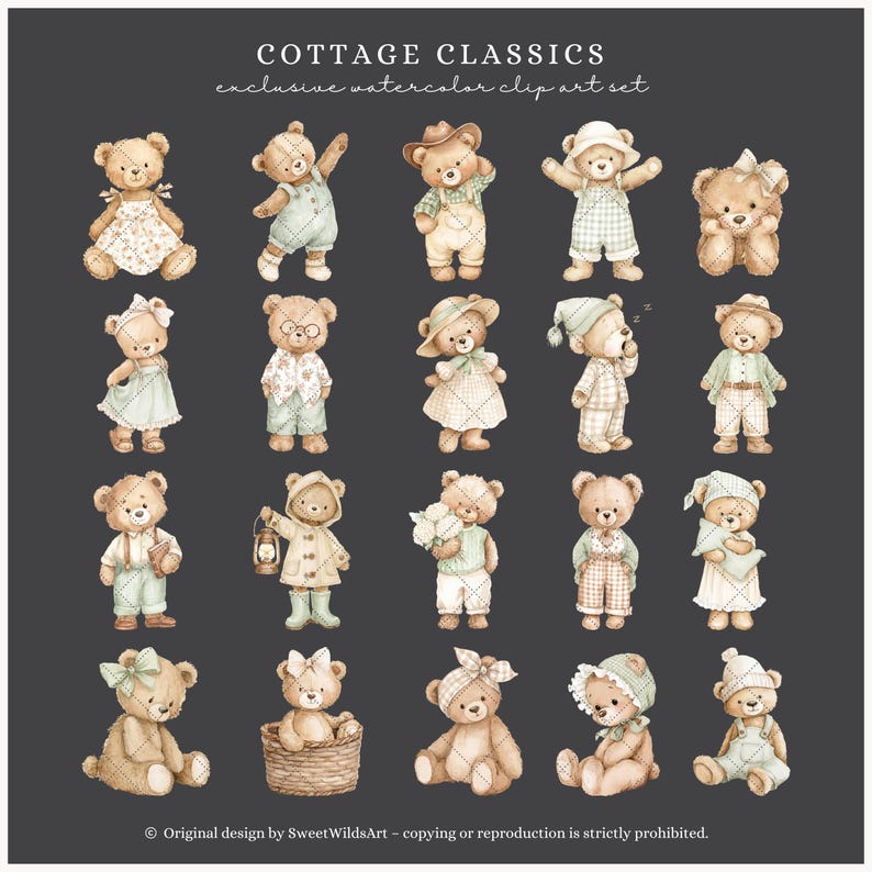 May include: Watercolor clip art set featuring 20 teddy bears in various outfits and poses. The bears are dressed in outfits such as overalls, dresses, hats, and pajamas. The text "COTTAGE CLASSICS" and "exclusive watercolor clip art set" is at the top.