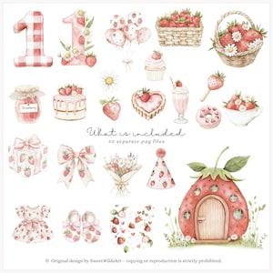 May include: A set of 50 digital illustrations featuring a strawberry theme. The illustrations include a strawberry house, a strawberry cake, a strawberry basket, a strawberry jar, a strawberry cupcake, a strawberry donut, a strawberry milkshake, a strawberry gift box, a strawberry bouquet, a strawberry party hat, a strawberry bow, a strawberry dress, a pair of strawberry shoes, and a strawberry number one. The illustrations are perfect for creating invitations, cards, party decorations, and other crafts.