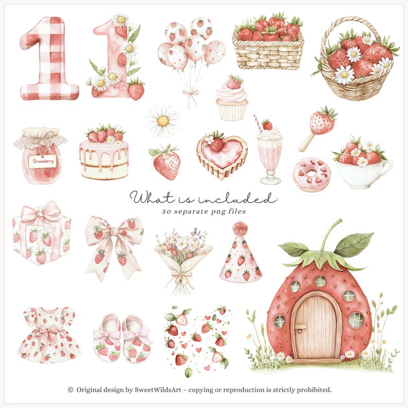 May include: A set of 50 digital illustrations featuring a strawberry theme. The illustrations include a strawberry house, a strawberry cake, a strawberry basket, a strawberry jar, a strawberry cupcake, a strawberry donut, a strawberry milkshake, a strawberry gift box, a strawberry bouquet, a strawberry party hat, a strawberry bow, a strawberry dress, a pair of strawberry shoes, and a strawberry number one. The illustrations are perfect for creating invitations, cards, party decorations, and other crafts.