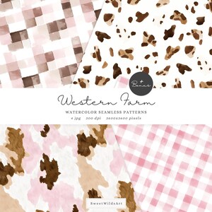 May include: Four watercolor seamless patterns in pink, brown, and white. The patterns include gingham, cow print, and abstract cow print. The text "Western Farm Watercolor Seamless Patterns" is at the top of the image.