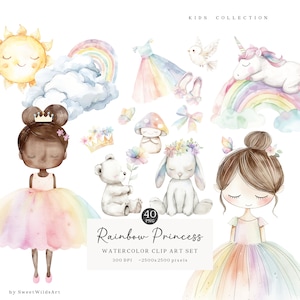 Clipart de princesita en acuarela, clipart de princesa arcoíris, clipart de unicornio, poni, clipart para niños, PNG de chicas lindas, descarga digital