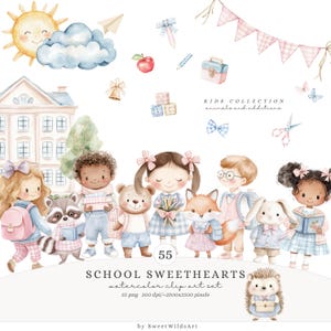 以下が含まれることがあります： 「School Sweethearts」と題された水彩クリップアートセット。子供、動物、学校をテーマにした要素のイラストが含まれています。太陽、雲、学校の建物、テキスト「KIDS COLLECTION animals and additions」が含まれています。