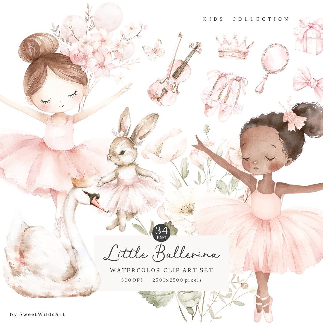 Watercolor Little Ballerina Clipart, Ballerina, Swan Lake Clipart, Pink ...