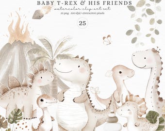 Watercolor Cute Dinosaur Clipart, Dinosaur PNG, Baby Dino Birthday, Dinosaur Nursery Art, Dino PNG, Baby Dinosaur, T-rex, Commercial Use