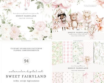 Watercolor Sweet Fairyland Clipart Set, Cute Pink Fairy Clipart, Animals PNG, Baby Fairy PNG, Unicorn, Bunny, Deer, Magical Nusery Clipart