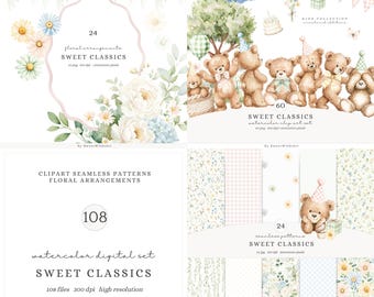 Watercolor Teddy Bear Clipart, Pastel Birthday Bears Toys Clipart, Cute Baby Animals PNG, Sweet Nursery Clipart, Kids Party Digital Graphics