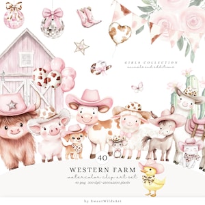 Clipart di fattoria carina ad acquerello, clipart occidentale, animali della fattoria di cottage PNG, fattoria rosa carina, mucca, maiale, pecora, pony, anatra, download digitale