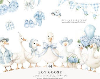 Aquarel Boy Goose clipart, Blue Silly Goose PNG, coquette kinderdagverblijf inrichting, Boho babyshower illustraties, baby boy verjaardag png, digitaal