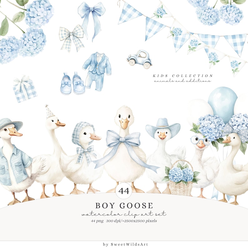 Akvarell pojkegås Clipart, blå fånig gås PNG, kokett barnkammardekor, boho babyshower-clipart, babypojkefödelsedag PNG, digitalt bild 1