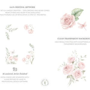 May include: Watercolor floral artwork featuring pink roses, green leaves, and a dragonfly. The image includes text stating "100% Original Artwork" and "Clean Transparent Background". The artwork is described as AI-assisted and artist-finished.