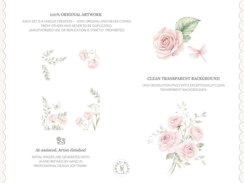May include: Watercolor floral artwork featuring pink roses, green leaves, and a dragonfly. The image includes text stating "100% Original Artwork" and "Clean Transparent Background". The artwork is described as AI-assisted and artist-finished.