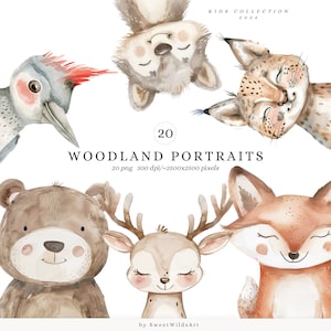 Imágenes prediseñadas de retratos de bosque en acuarela, imágenes prediseñadas de animales lindos, animales bebés, imágenes prediseñadas de baby shower, guardería de bosque, animales del bosque boho