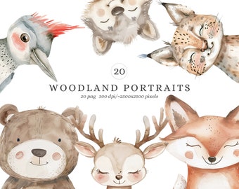 Watercolor Woodland Animals Portraits Clipart, Nursery Art (Digital Download)