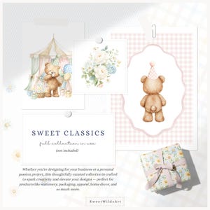 May include: A collection of watercolor illustrations featuring a teddy bear, floral arrangements, and a gift box. The images have a soft, pastel color palette with the text "SWEET CLASSICS" and "Sweet WildsArt".