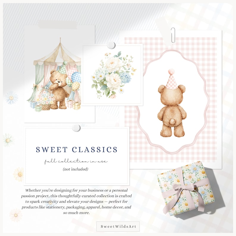 May include: A collection of watercolor illustrations featuring a teddy bear, floral arrangements, and a gift box. The images have a soft, pastel color palette with the text "SWEET CLASSICS" and "Sweet WildsArt".
