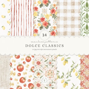 Watercolor Italian Seamless Patterns, Italian Lemon Tile Patterns, Dolce Vita Backgrounds, Gingham Stripe Floral, Digital Download
