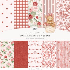 Puede incluir: Una colección de 20 patrones sin costuras en tonos rojos y rosas. Los diseños incluyen flores, cuadros de vichy, corazones y un osito de peluche en una cesta. El texto dice "ROMANTIC CLASSICS".