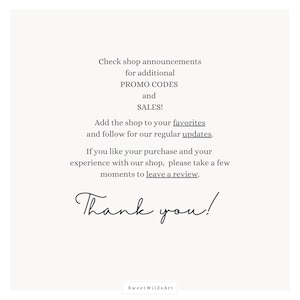 May include: Text graphic with the message "Check shop announcements for additional PROMO CODES and SALES! Add the shop to your favorites and follow for our regular updates. If you like your purchase and your experience with our shop, please take a few moments to leave a review. Thank you!" with the text "Sweet WildsArt" at the bottom.