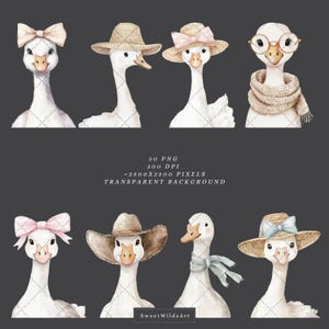 May include: A set of 30 digital illustrations of cute geese wearing various hats and accessories. The geese are white with pink beaks and feet. The hats include a straw hat, a cowboy hat, a pink bow, and a brown scarf. The accessories include glasses and a bow tie. The illustrations are perfect for adding a touch of whimsy to any project.