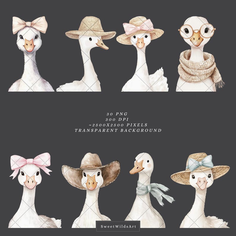 May include: A set of 30 digital illustrations of cute geese wearing various hats and accessories. The geese are white with pink beaks and feet. The hats include a straw hat, a cowboy hat, a pink bow, and a brown scarf. The accessories include glasses and a bow tie. The illustrations are perfect for adding a touch of whimsy to any project.
