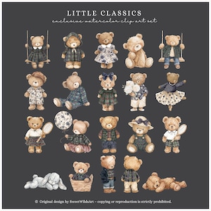 May include: Watercolor clip art set titled "Little Classics" featuring various teddy bears in different outfits and poses. The bears are dressed in plaid, floral, and other patterned clothing. Some bears are holding accessories like a tennis racket or a balloon.