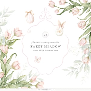 May include: Watercolor floral arrangement design with pink tulips, green leaves, and decorative elements. The image includes text that reads "floral arrangements SWEET MEADOW". The design features a bunny and an egg.