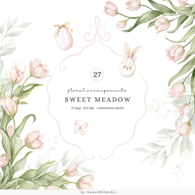 May include: Watercolor floral arrangement design with pink tulips, green leaves, and decorative elements. The image includes text that reads "floral arrangements SWEET MEADOW". The design features a bunny and an egg.