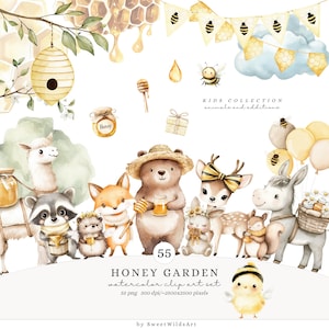 May include: Watercolor clip art set of 55 images featuring cute animals in a honey garden theme. The set includes a llama, raccoon, fox, bear, deer, donkey, chick, and bee. The images are perfect for creating invitations, cards, and other crafts.