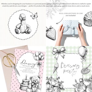 May include: A selection of hand-drawn illustrations, featuring a teddy bear, a duck, a butterfly, a gift box, a strawberry, a cupcake, a birthday party invitation, and a drawing party invitation. The illustrations are monochrome.