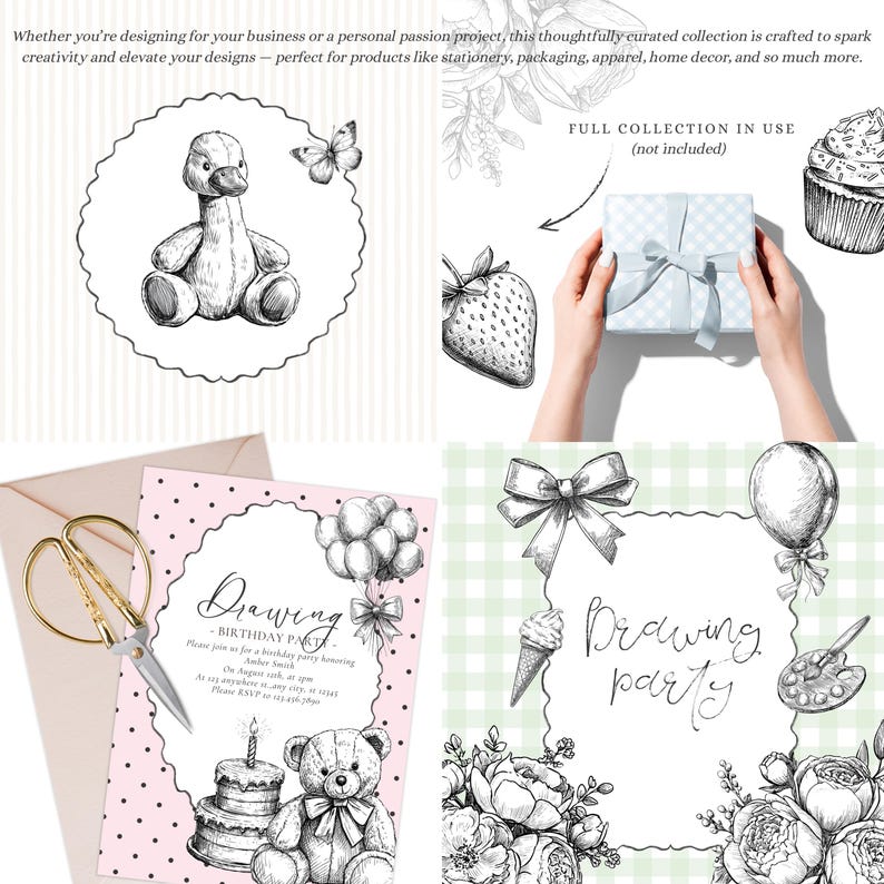 May include: A selection of hand-drawn illustrations, featuring a teddy bear, a duck, a butterfly, a gift box, a strawberry, a cupcake, a birthday party invitation, and a drawing party invitation. The illustrations are monochrome.