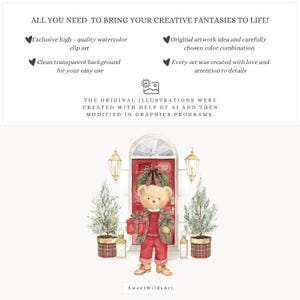 K&ouml;nnte beinhalten: Aquarellillustration eines Teddyb&auml;ren in rot-gr&uuml;ner karierter Kleidung, der ein Geschenk vor einer rot dekorierten T&uuml;r f&uuml;r Weihnachten h&auml;lt. Das Bild enth&auml;lt Text &uuml;ber Aquarell-Clip-Art.