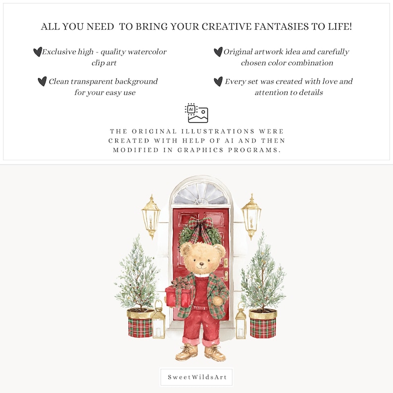 K&ouml;nnte beinhalten: Aquarellillustration eines Teddyb&auml;ren in rot-gr&uuml;ner karierter Kleidung, der ein Geschenk vor einer rot dekorierten T&uuml;r f&uuml;r Weihnachten h&auml;lt. Das Bild enth&auml;lt Text &uuml;ber Aquarell-Clip-Art.