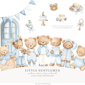 Op de afbeelding: Watercolor clip art set met teddyberen in blauwe outfits, een deur, taart, auto en andere accessoires. De tekst luidt "LITTLE GENTLEMEN" en "KIDS COLLECTION". De set bevat 60 PNG-bestanden, 300 dpi en 2500x2500 pixels.