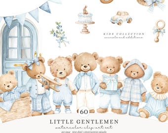 Watercolor Teddy Bear Clipart Set, Little Gentlemen Cute Baby Boy Clipart, Blue Nursery PNG, Bear Clipart, Grandmillennial Digital Download